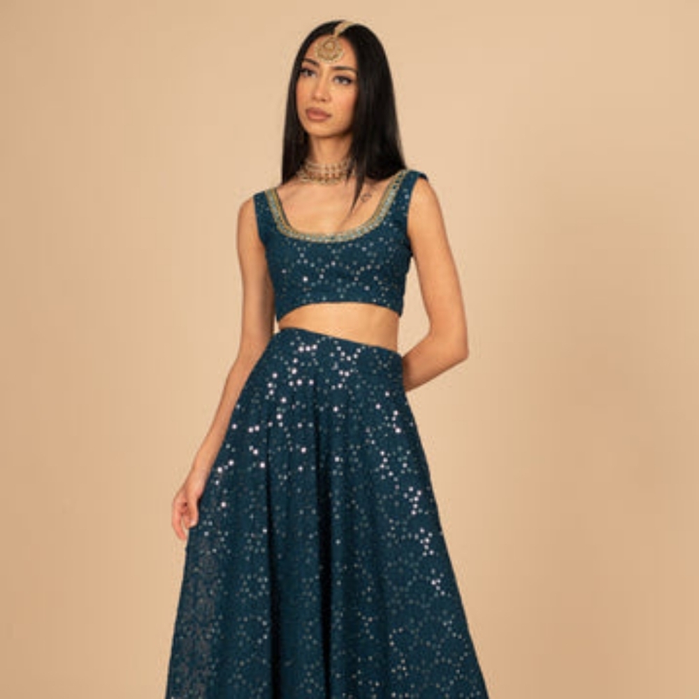 The Saree Room Blueberry Sorbet Lehenga Skirt With Dupatta And Mirror Details